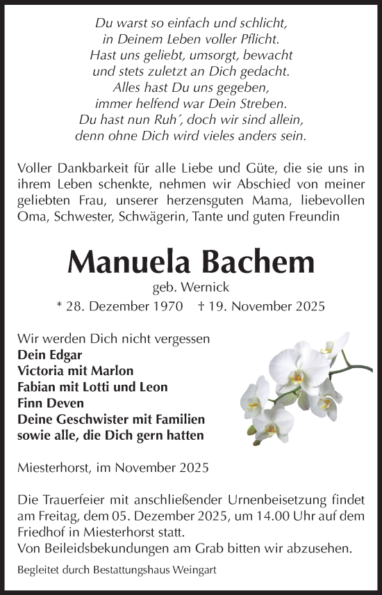 Traueranzeige von Manuela Bachem von Volksstimme Altmark West