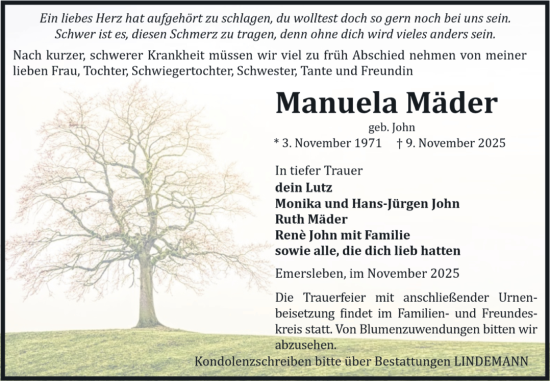 Traueranzeige von Manuela Mäder von Volksstimme Halberstadt