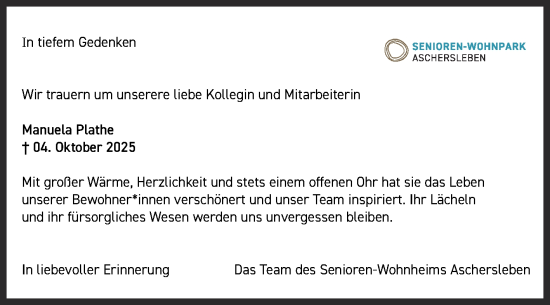 Traueranzeige von Manuela Plathe von Super Sonntag Aschersleben