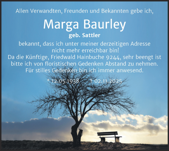 Traueranzeige von Marga Baurley von Trauerkombi Dessau