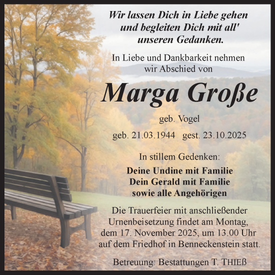 Traueranzeige von Marga Große von Volksstimme Wernigerode