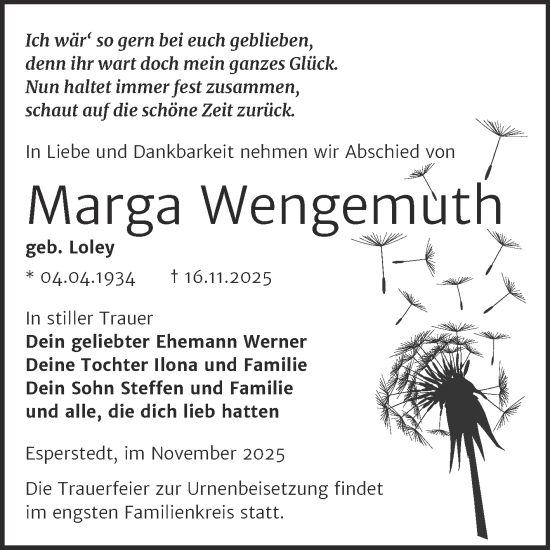 Traueranzeige von Marga Wengemuth von Mitteldeutsche Zeitung Merseburg/Querfurt