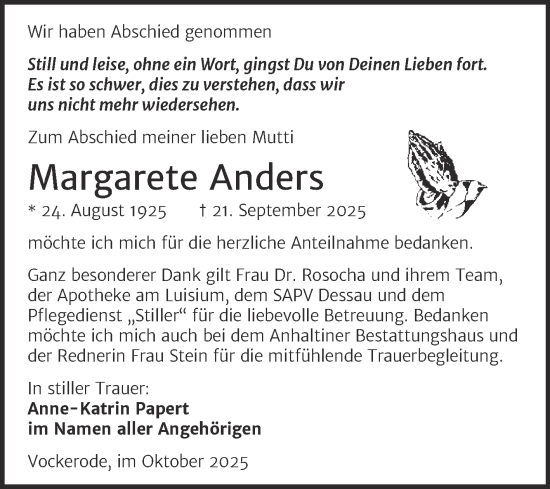 Traueranzeige von Margarete Anders von Trauerkombi Wittenberg