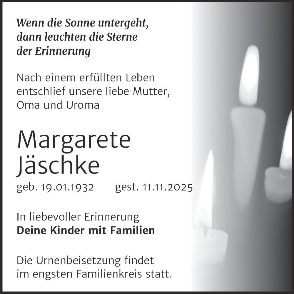  Traueranzeige für Margarete Jäschke vom 22.11.2025 aus Super Sonntag Zeitz