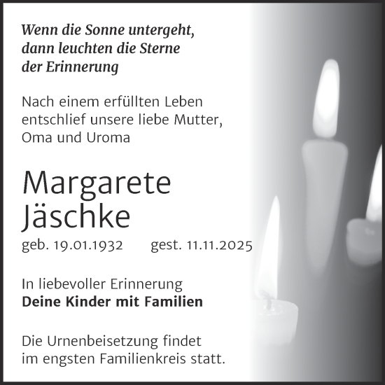 Traueranzeige von Margarete Jäschke von Super Sonntag Zeitz