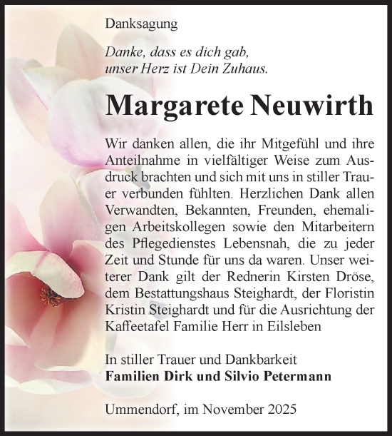 Traueranzeige von Margarete Neuwirth von Volksstimme Oschersleben/Wanzleben