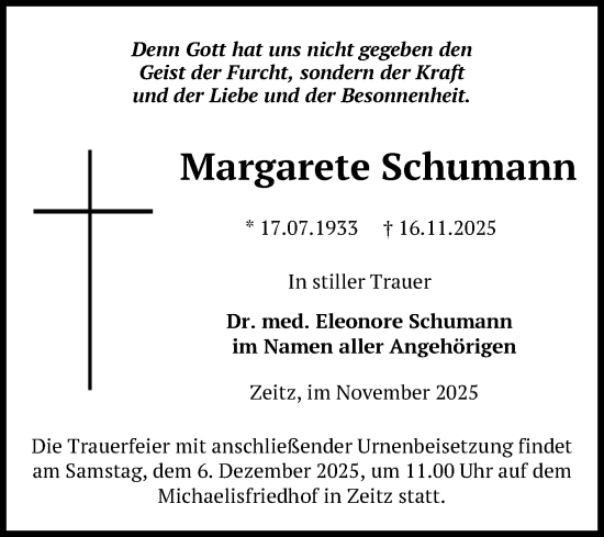 Traueranzeige von Margarete Schumann von Trauerkombi Zeitz