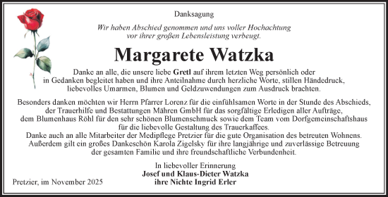 Traueranzeige von Margarete Watzka von Volksstimme Altmark Ost