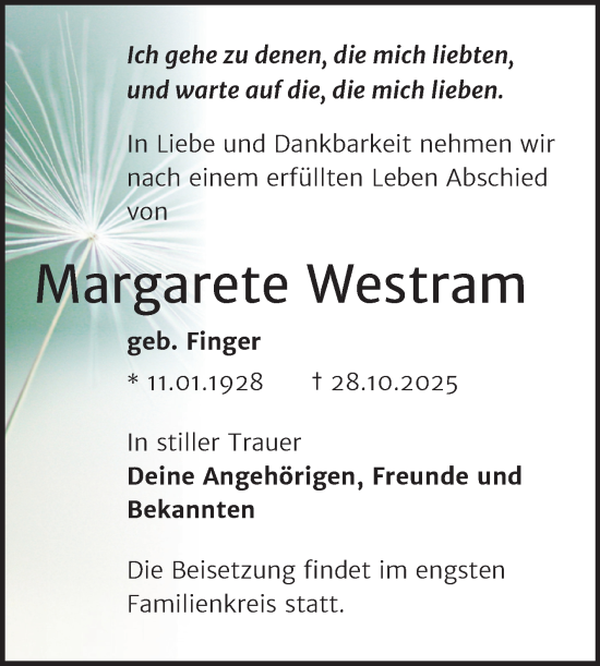 Traueranzeige von Margarete Westram von Trauerkombi Köthen