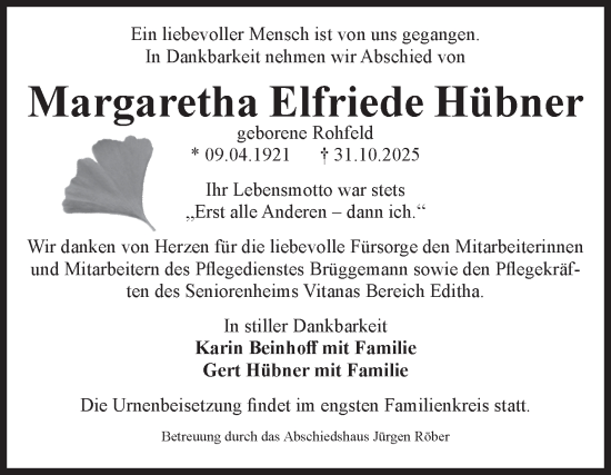 Traueranzeige von Margaretha Elfriede Hübner von Volksstimme Magdeburg