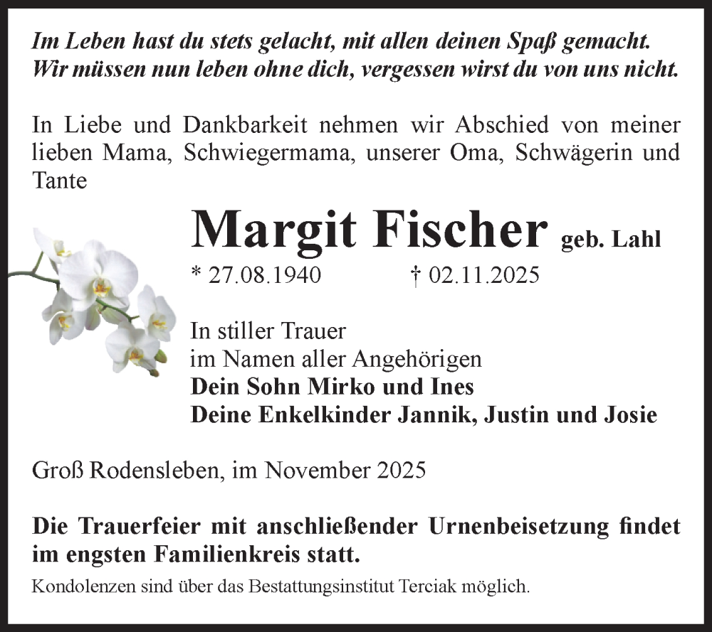  Traueranzeige für Margit Fischer vom 08.11.2025 aus Volksstimme Oschersleben/Wanzleben