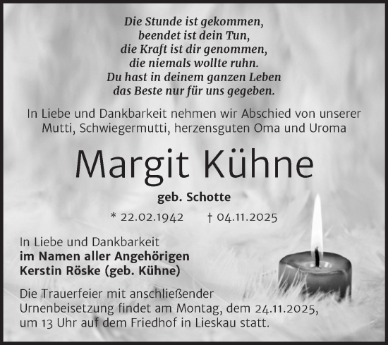 Traueranzeige von Margit Kühne von Mitteldeutsche Zeitung Halle/Saalkreis