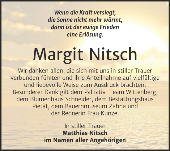 Traueranzeige von Margit Nitsch von Trauerkombi Wittenberg