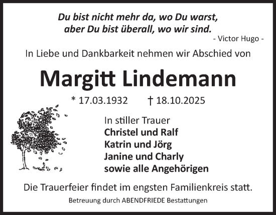 Traueranzeige von Margitt Lindemann von Volksstimme Magdeburg