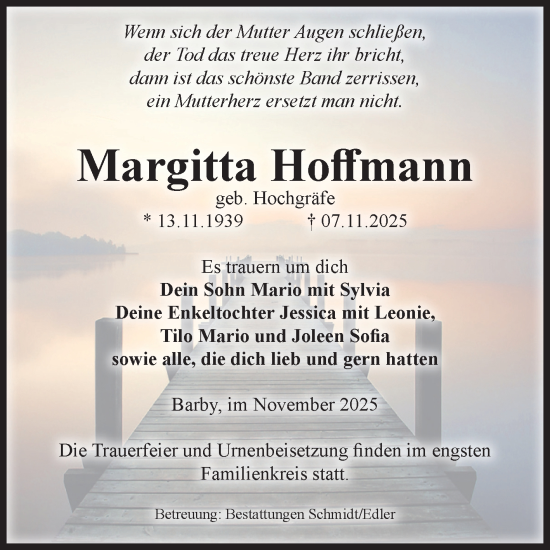 Traueranzeige von Margitta Hoffmann von Volksstimme Schönebeck
