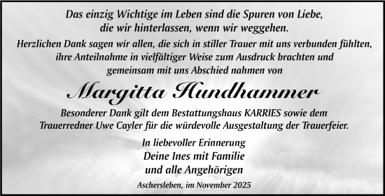 Traueranzeige von Margitta Hundhammer von Trauerkombi Aschersleben