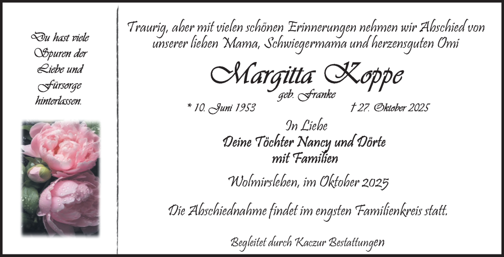  Traueranzeige für Margitta Koppe vom 01.11.2025 aus Volksstimme Staßfurt