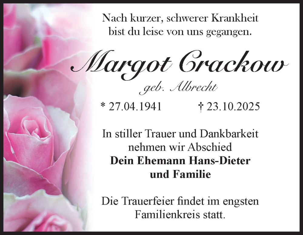  Traueranzeige für Margot Crackow vom 08.11.2025 aus Volksstimme Magdeburg