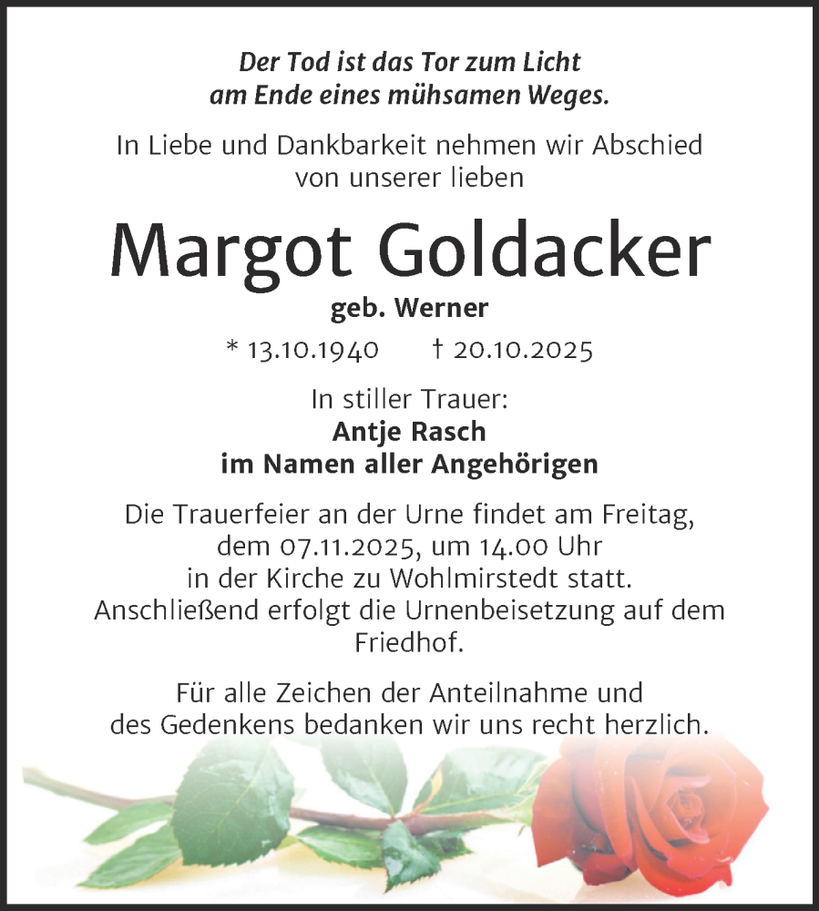  Traueranzeige für Margot Goldacker vom 01.11.2025 aus Super Sonntag Naumburg/Nebra
