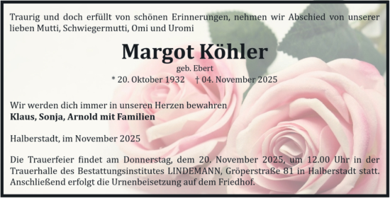 Traueranzeige von Margot Köhler von Volksstimme Halberstadt