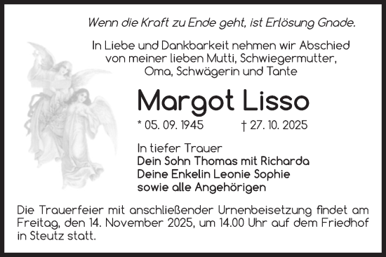 Traueranzeige von Margot Lisso von Volksstimme Zerbst