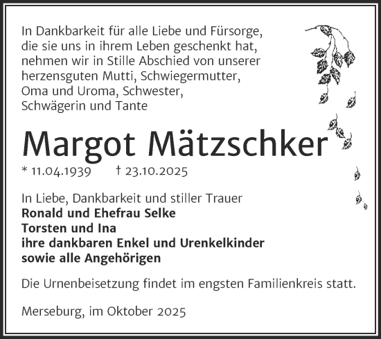Traueranzeige von Margot Mätzschker von Trauerkombi Merseburg