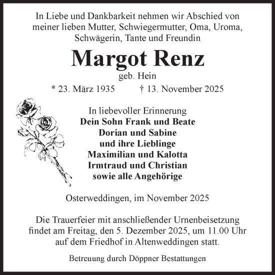Traueranzeige von Margot Renz von Volksstimme Oschersleben/Wanzleben