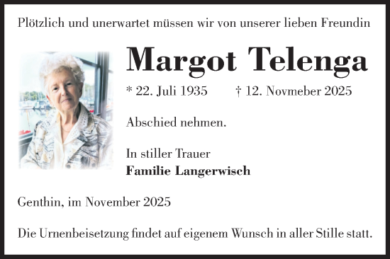 Traueranzeige von Margot Telenga von Volksstimme Burg/Genthin