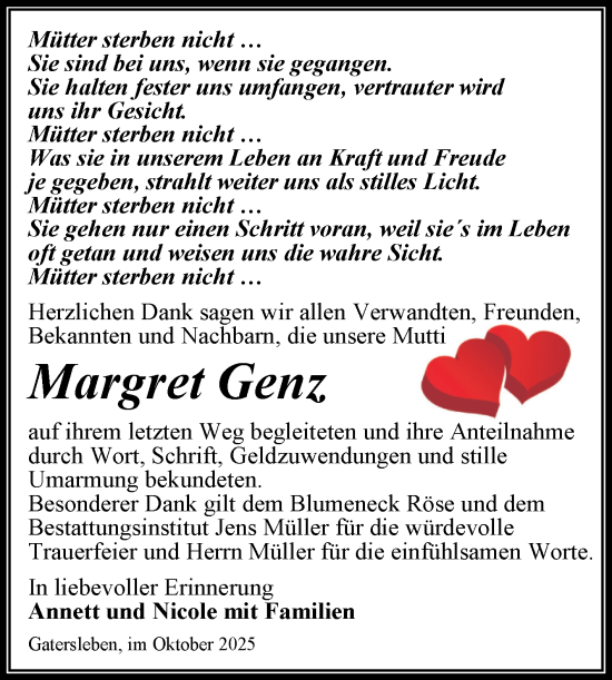 Traueranzeige von Margret Genz von Trauerkombi Aschersleben