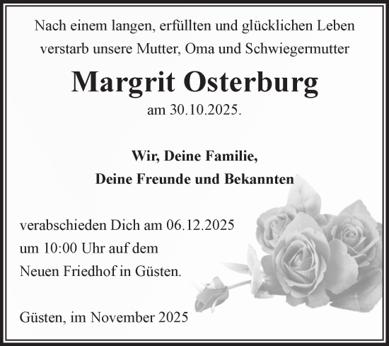 Traueranzeige von Margrit Osterburg von Volksstimme Staßfurt