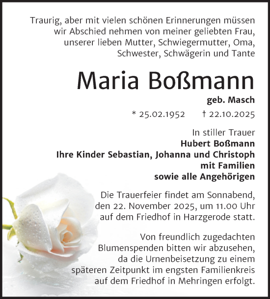 Traueranzeige von Maria Boßmann von Trauerkombi Aschersleben