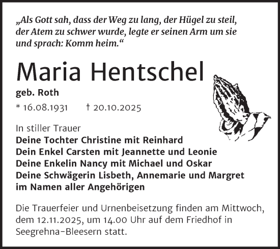 Traueranzeige von Maria Hentschel von Trauerkombi Wittenberg