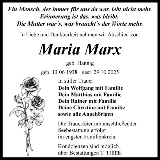 Traueranzeige von Maria Marx von Trauerkombi Quedlinburg