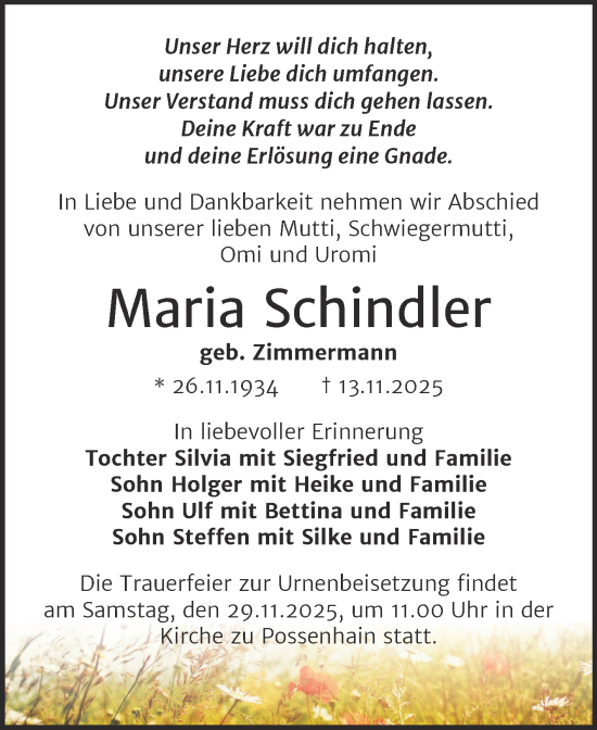 Traueranzeige von Maria Schindler von Super Sonntag Naumburg/Nebra