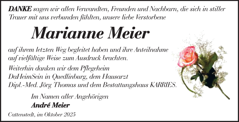  Traueranzeige für Marianne Meier vom 08.11.2025 aus Mitteldeutsche Zeitung Quedlingburg