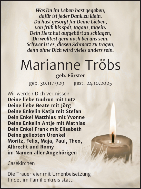 Traueranzeige von Marianne Tröbs von Super Sonntag Naumburg/Nebra