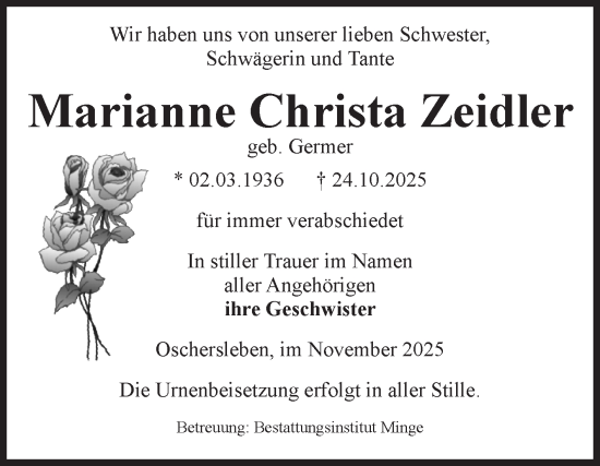 Traueranzeige von Marianne Christa Zeidler von Volksstimme Oschersleben/Wanzleben