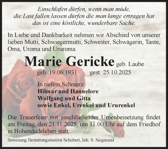 Traueranzeige von Marie Gericke von Volksstimme Oschersleben/Wanzleben