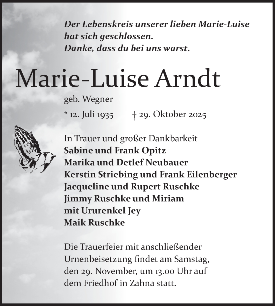 Traueranzeige von Marie-Luise Arndt von Trauerkombi Wittenberg