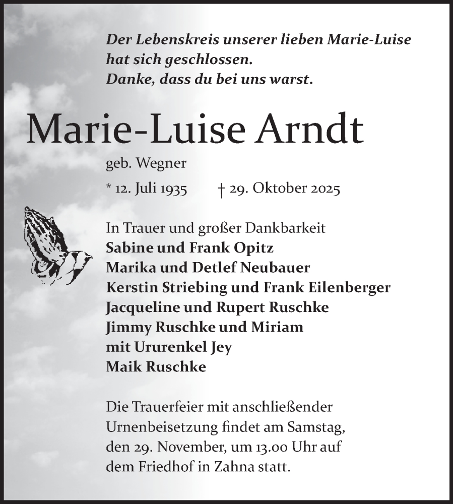  Traueranzeige für Marie-Luise Arndt vom 08.11.2025 aus Trauerkombi Wittenberg