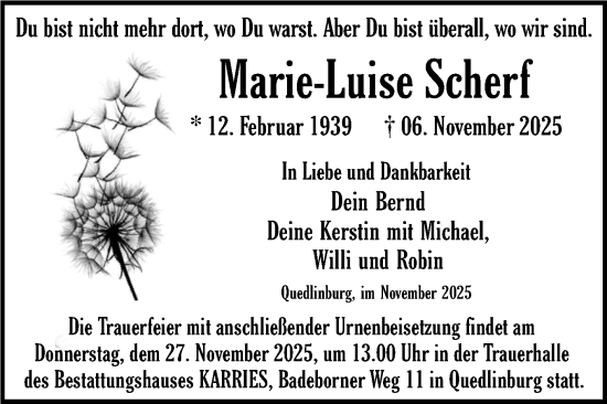 Traueranzeige von Marie-Luise Scherf von Trauerkombi Quedlinburg