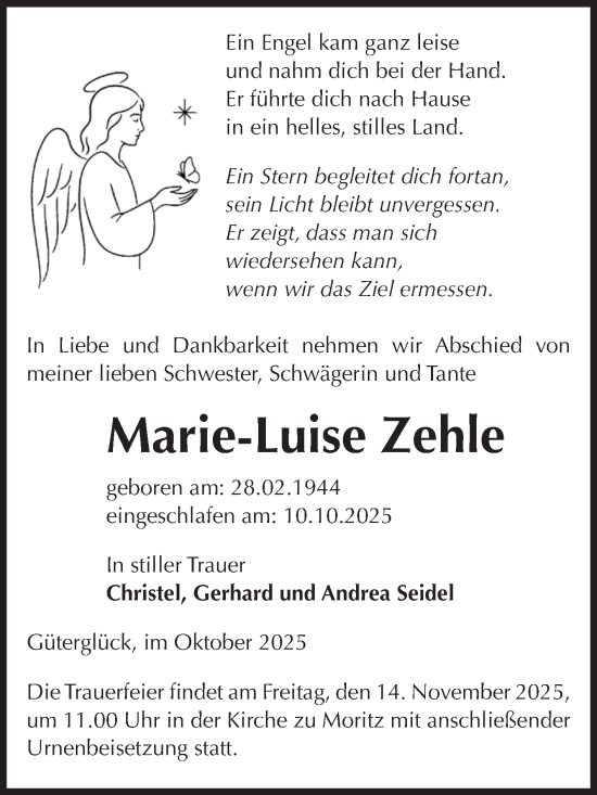 Traueranzeige von Marie-Luise Zehle von Volksstimme Zerbst