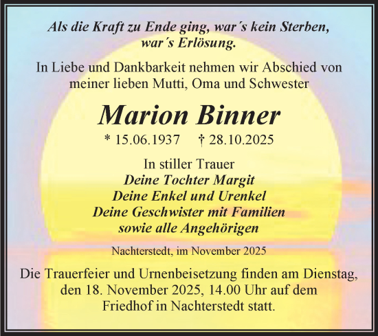 Traueranzeige von Marion Binner von Trauerkombi Aschersleben