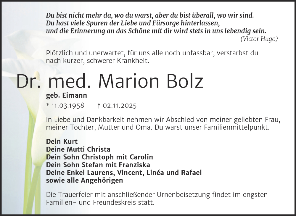  Traueranzeige für Marion Bolz vom 15.11.2025 aus Trauerkombi Wittenberg
