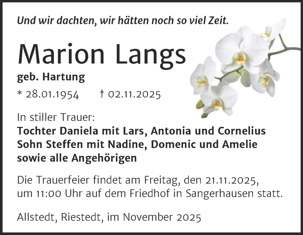  Traueranzeige für Marion Langs vom 15.11.2025 aus Trauerkombi Sangerhausen