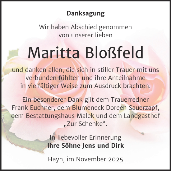 Traueranzeige von Maritta Bloßfeld von Trauerkombi Sangerhausen