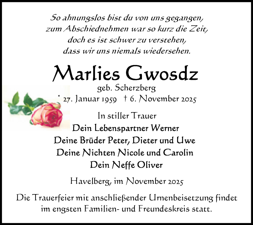  Traueranzeige für Marlies Gwosdz vom 15.11.2025 aus Volksstimme Altmark Ost
