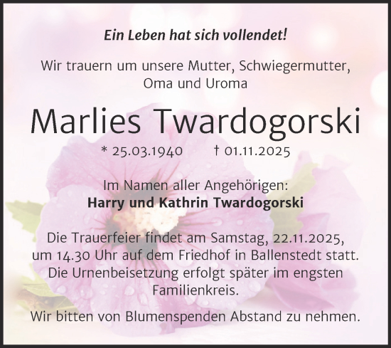 Traueranzeige von Marlies Twardogorski von Trauerkombi Quedlinburg