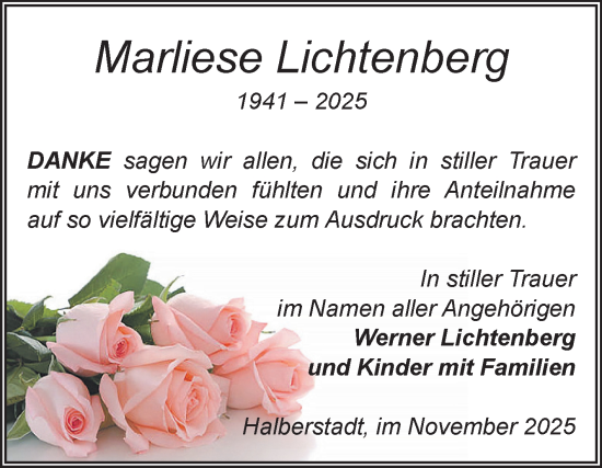 Traueranzeige von Marliese Lichtenberg von Volksstimme Halberstadt