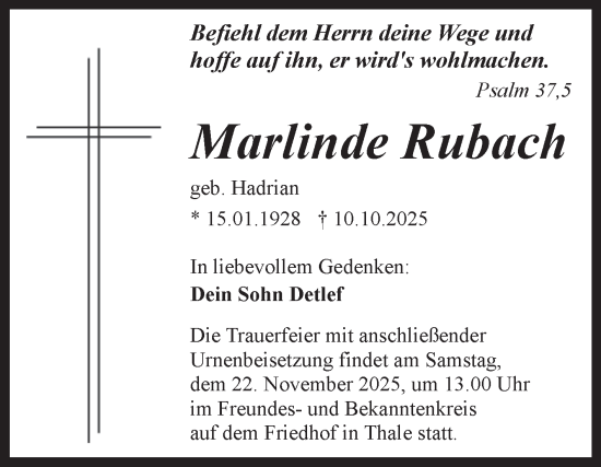 Traueranzeige von Marlinde Rubach von Trauerkombi Quedlinburg